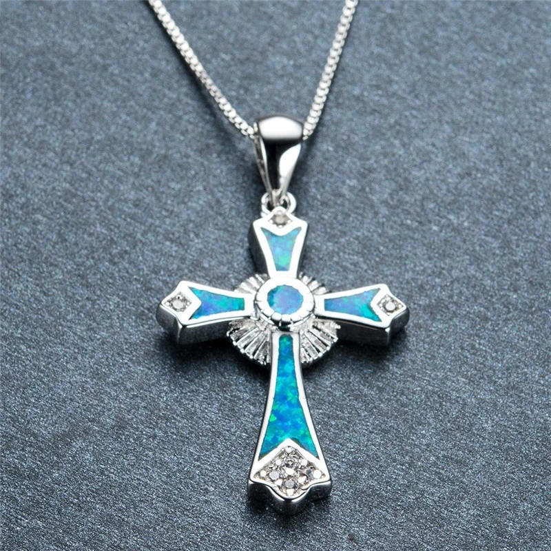 2024 Fashion Women Necklace Statement Wedding Jewelry Vintage Imitation Fire Opal Cross Pendants Necklaces For Men Accessories