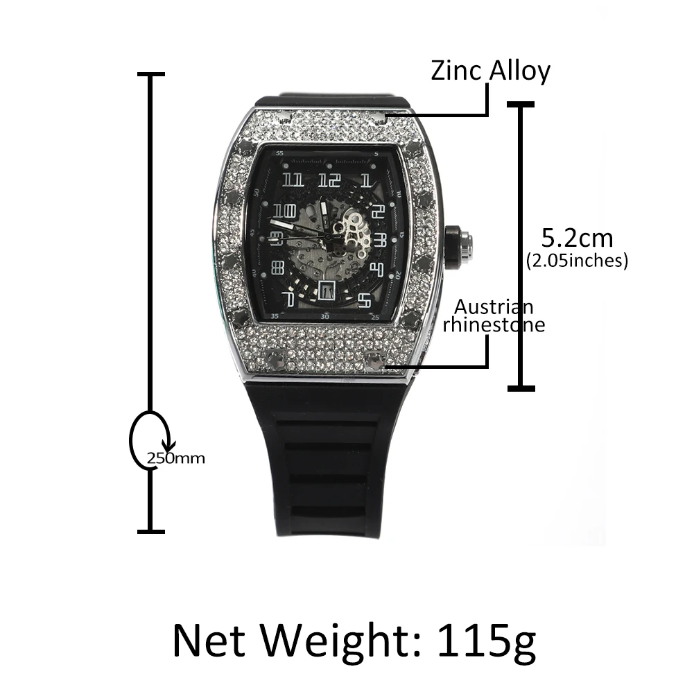 TBTK  Sqaure Dial Mechanical Watch Full Rhinestones Iced Out Wrist Watches With Black Belt For Men Women Fashion Gift