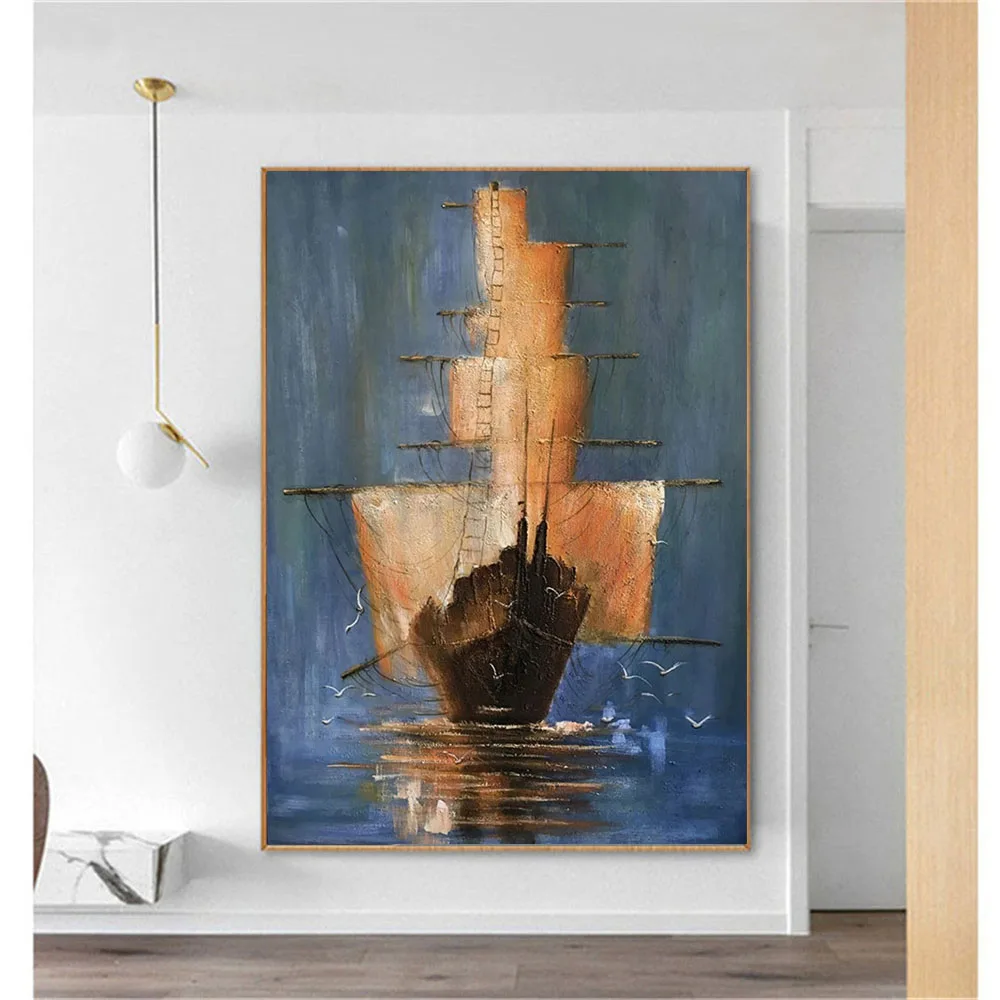 

Vintage Home Decor Blue Wall Art Pictures Hand-Painted Oil Painting On Canvas Pop Abstract Sailing Pirates Of The Caribbean Ship