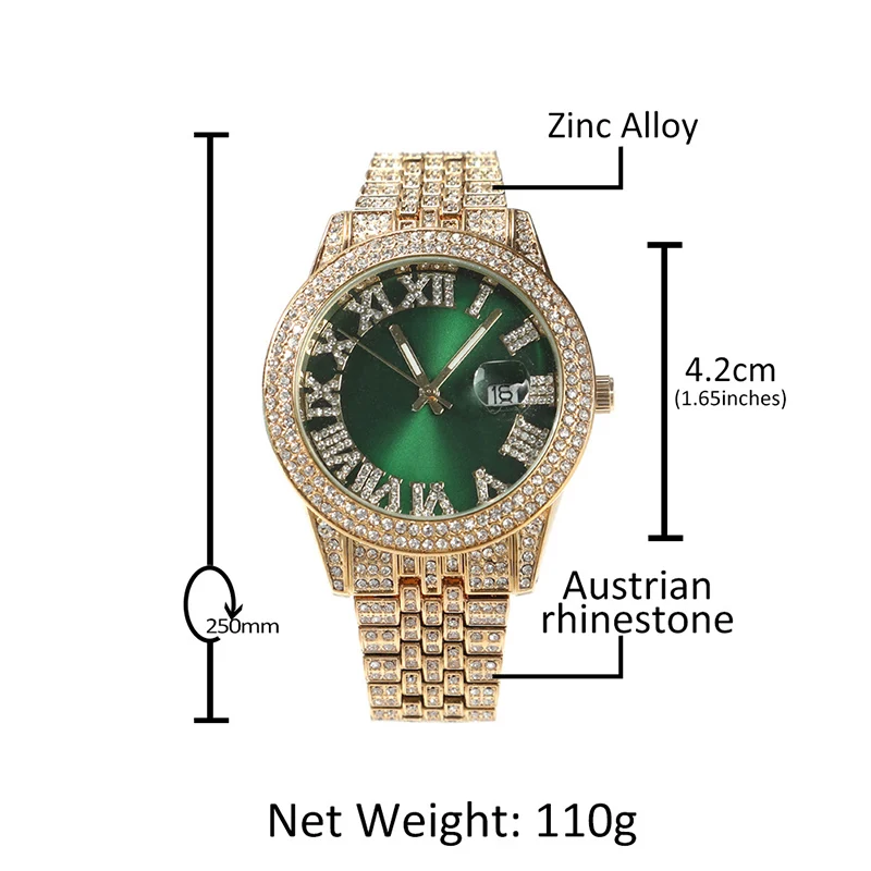 Hip Hop Mens Date Quartz Watch Waterproof Watches Bling Iced Out Stainless Steel Watch for Men Charm Jewelry Gold Silver Color