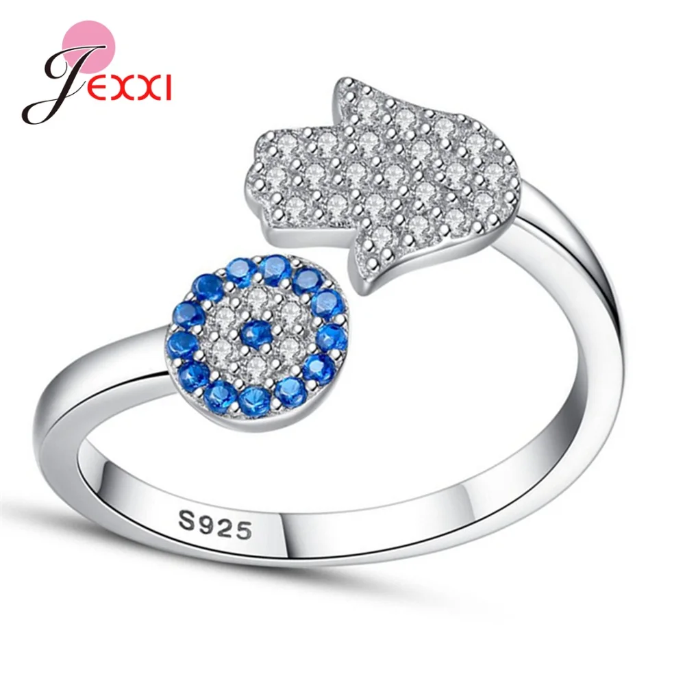 

Popular Ring S925 Sterling Silver Jewelry AAA Cubic Zircon Evil Eye Palm Hand Opening Band Adjustable Size for Women Girls