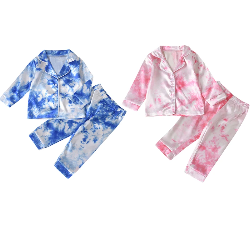 2020 New Fashion 1-7Years 2Pcs Kids Boy Girl Pajama Set Tie-Dyed Lapel Long-Sleeves Top with Button Open + Elastic Loose Pants