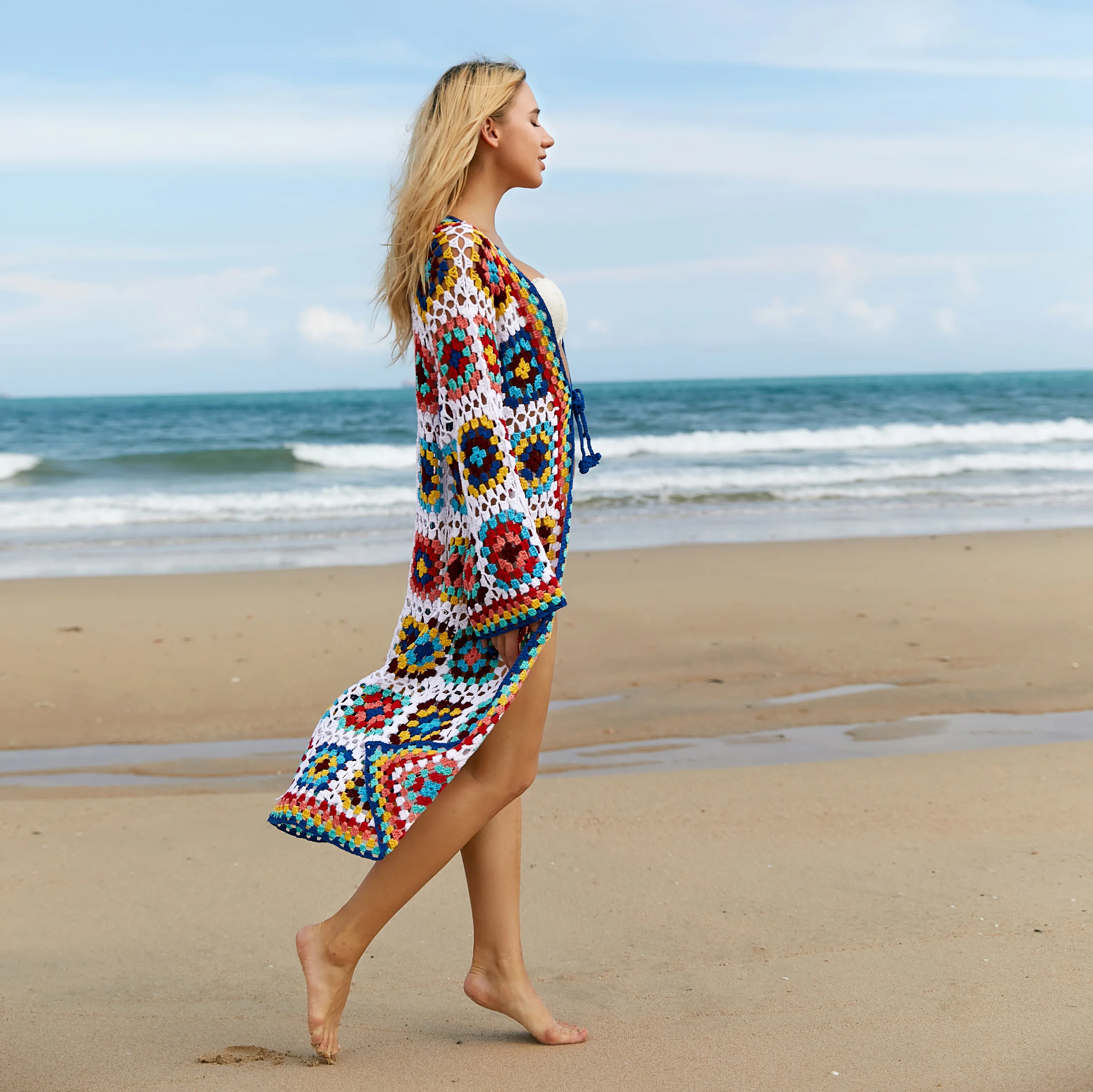 H80&S90 New Women Crochet Colorful Hollow Out Long Cardigan Female Handmade Knit Cover Up Kimono Sweater Coat Beachwear Swimsuit