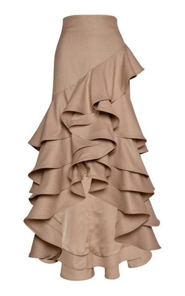 Fashion Khaki Satin Women Skirt High Low Ruffles Tiered Female Formal Skirt High Waist A Line Maxi Skirts Custom Made Saia Longa