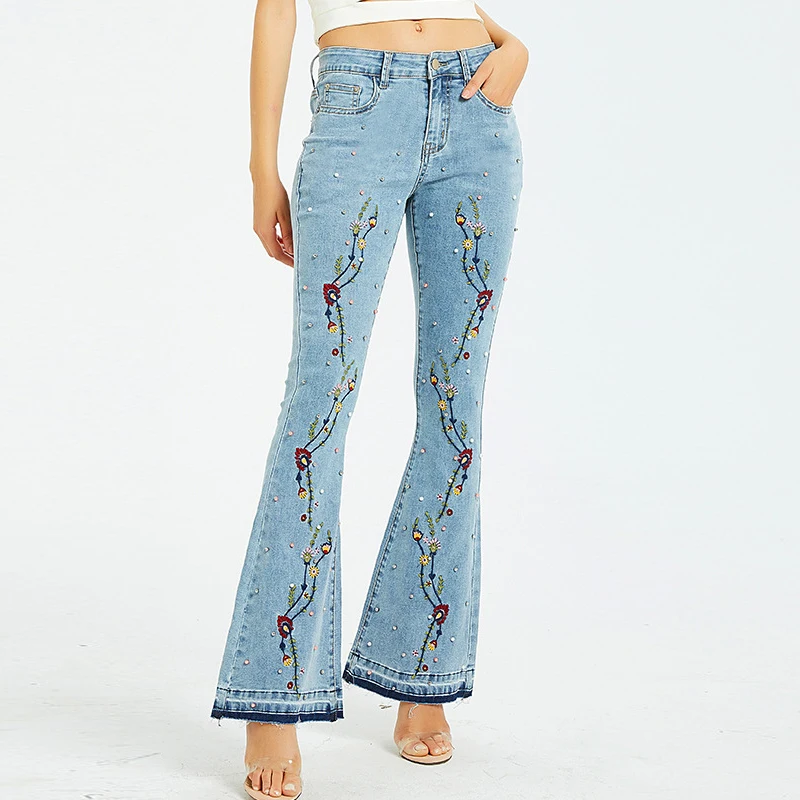 High Waist Stretch Pearl Jeans Embroidery Diamond Floral Women Flare Pants Wide Leg Denim Trousers Boot Cut Beaded Bell Bottom