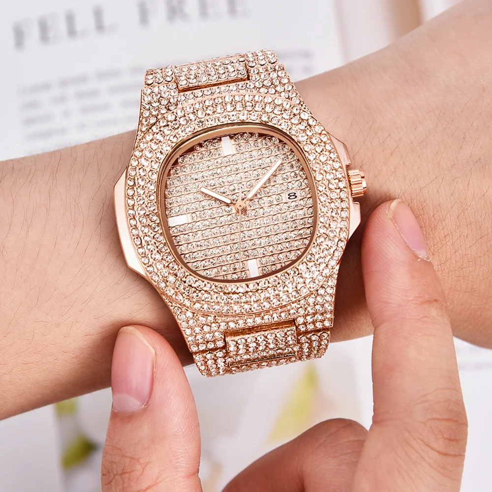 

2021 Men Iced Out Watches Luxury Date Quartz Wrist Watches with Micropave CZ Watch for Women Men Hip Hop Jewelry Reloj Hombre