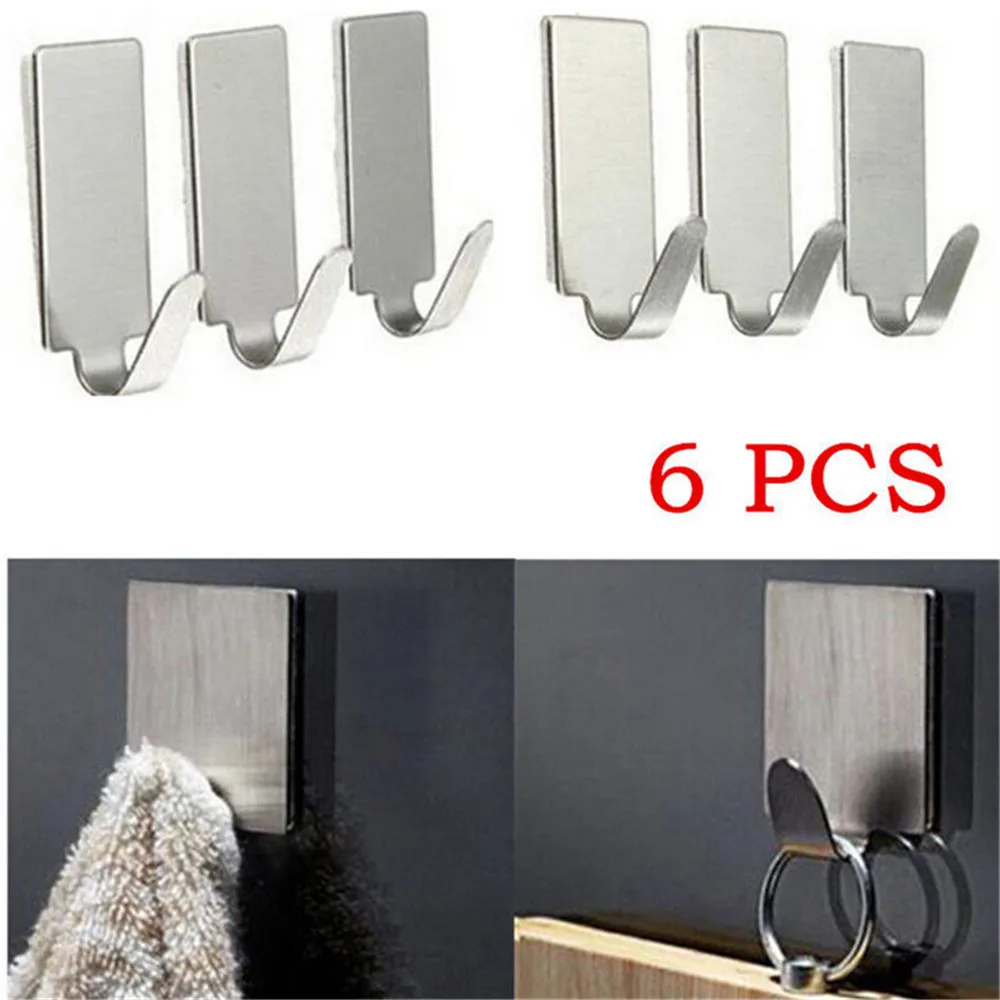 6x Bathroom Kitchen Hooks Stainless Steel Hanging Adhesive Hooks Stick On Wall Door Clothes Towel Handbag Holder Wall Hanger