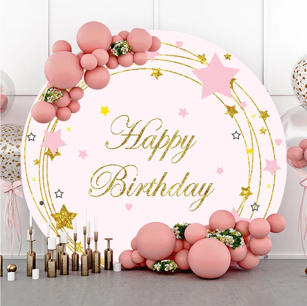 Laeacco Baby Birthday Background Pink Stars Gold Thread Round Polyester Photographic Photo Backdrop For Photo Studio