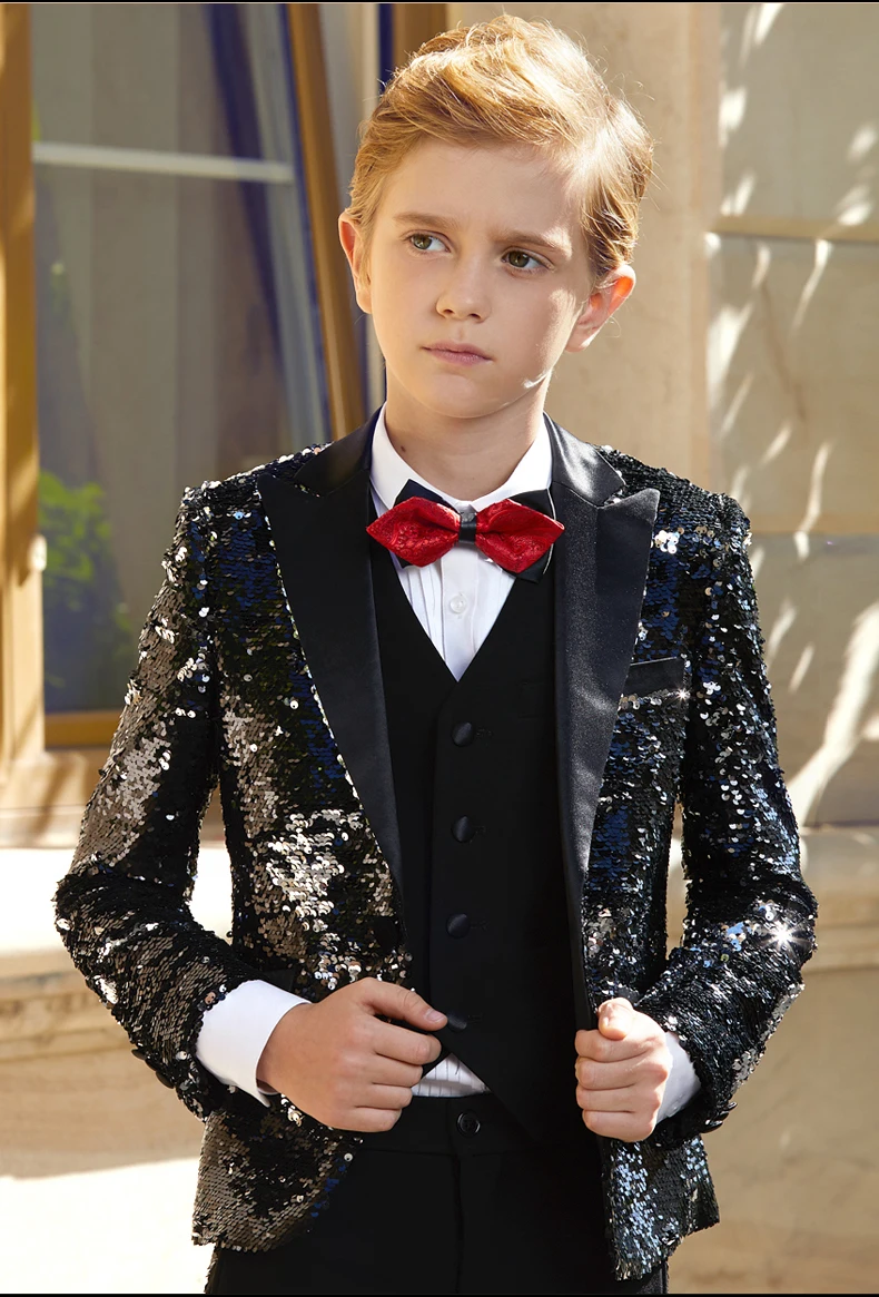 Roupa de casamento infantil com um botão, lantejoulas, guarda-roupa personalizada para meninos (jaqueta + calça + gravata) 06