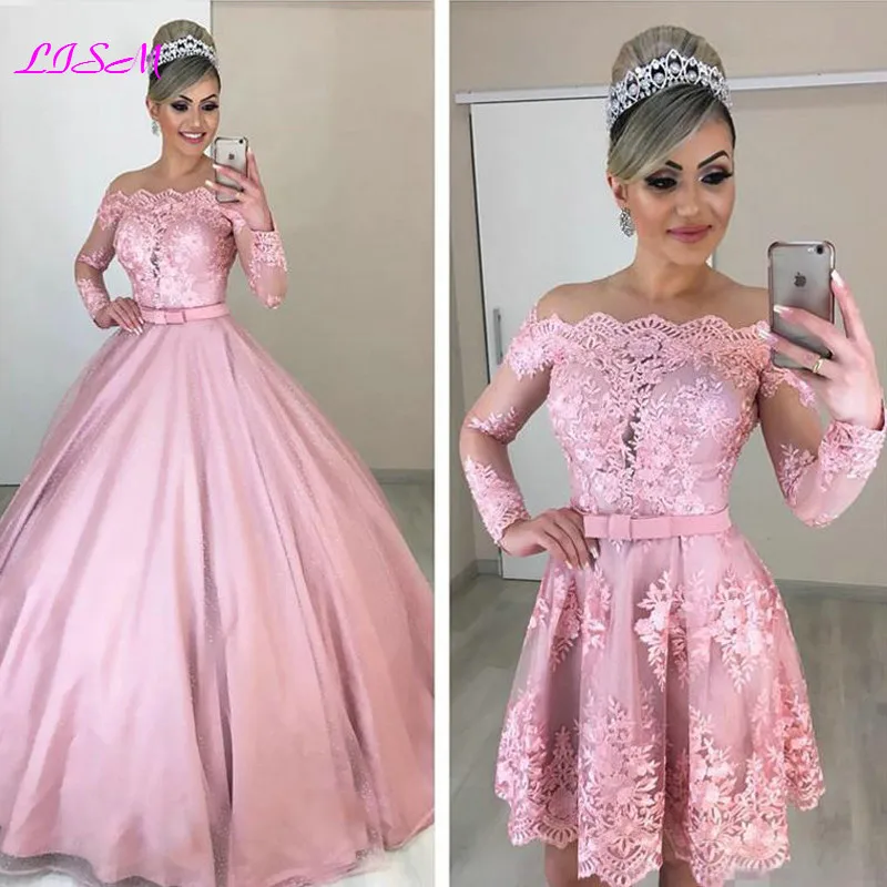 Vestidos de quinceañera hinchados rosa rubor con faldas desmontables, ilusión de encaje, mangas largas, vestidos formales, encantador vestido de