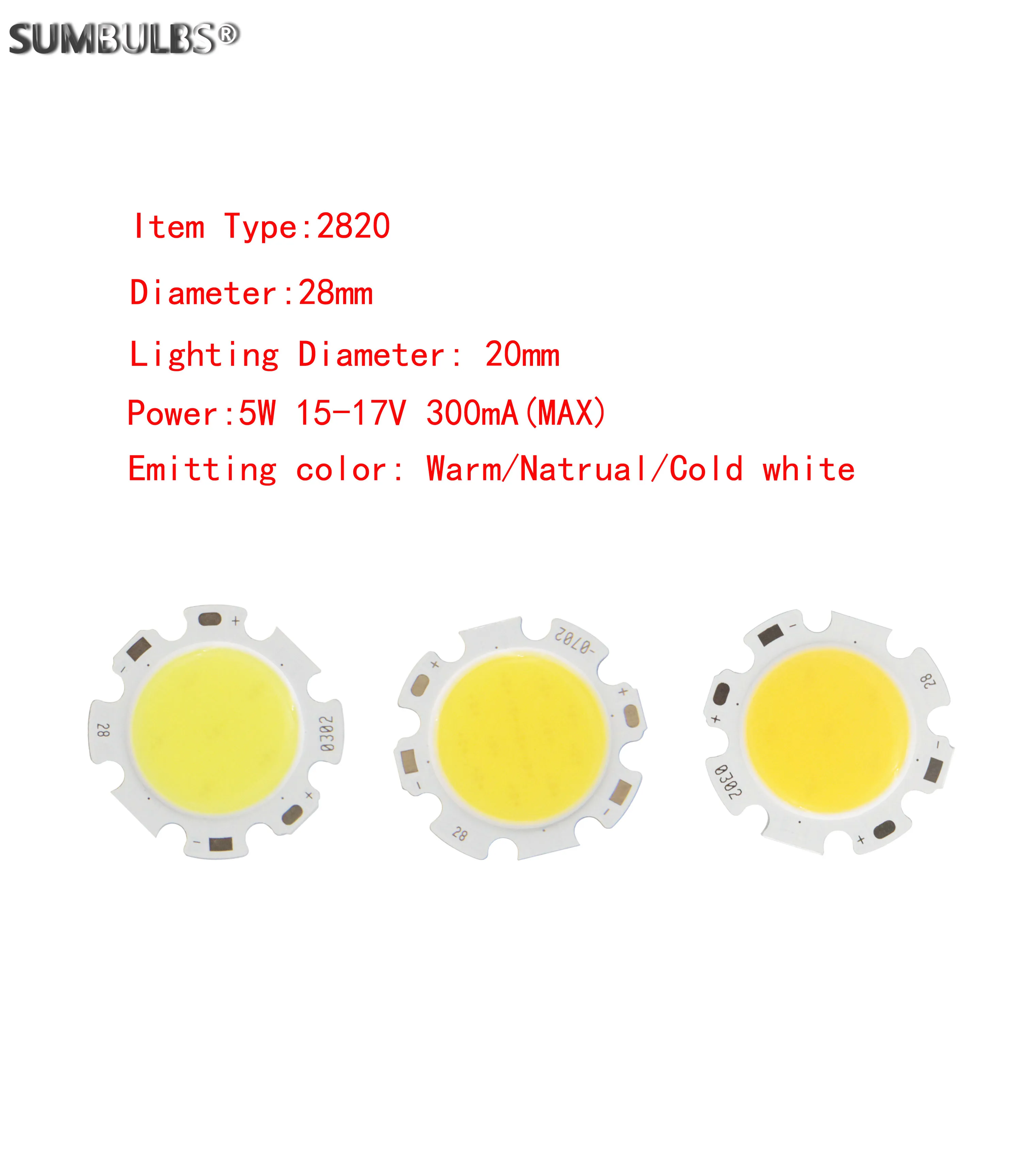 

SUMBULBS 10PCS / Lot 5W 15V DC 300mA Круглый COB светодиодный источник 28 - 0502 Круглый теплый естественный холодный белый светодиодный прожектор
