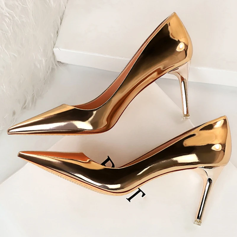 Fashion Women Patent Leather Shallow Thin High Heels Shoes Pointed Toe Gold Silver Heels Pumps Female Tacones Mujer Large Size