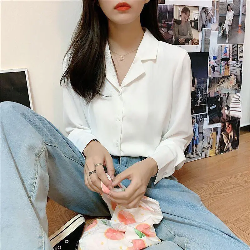 Shirt Women Solid V-Neck Retro Chic Korean Style Streetwear Harajuku All-match Simple Leisure Popular Preppy Clothing Female Ins