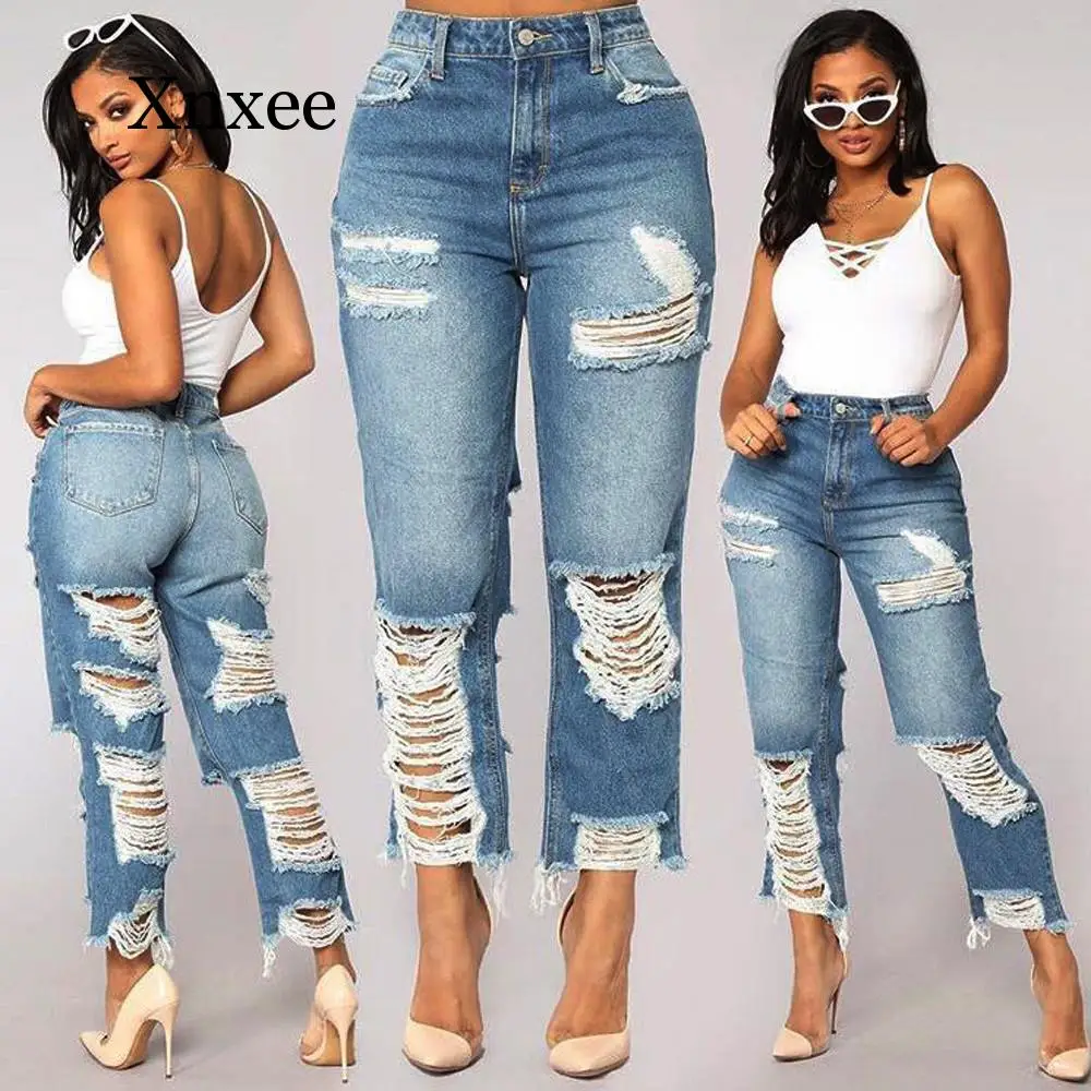 

Long Pants Trendy Hole Ripped Jeans Women Pants Cool Denim Vintage Straight Jeans For Girl High Waist Casual Pants Female Jeans