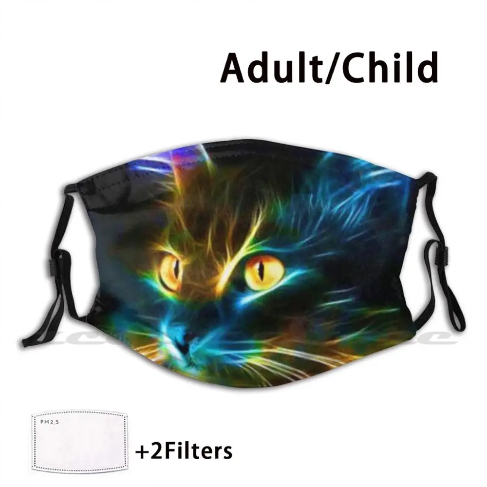 Neon Cat T-Shirt , And Accessories Mask Cloth Reusable Print Filter Washable Cat Kitten Pet Self Care