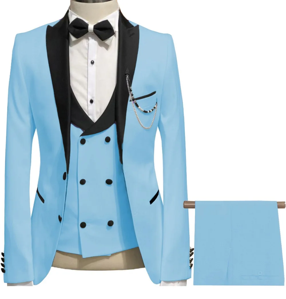 

JELTONEWIN Light Blue Suits For Men 3 Pieces Double Breasted Vest Costume Homme Man Wedding Dress Tuxedo Groom Terno Masculino