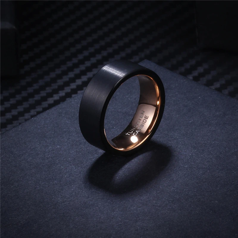 8mm Black Tungsten Carbide Ring For Wome Men Matte Brushed Inner Rose Gold Plated Personalized Engrave Supported Comfort Fit