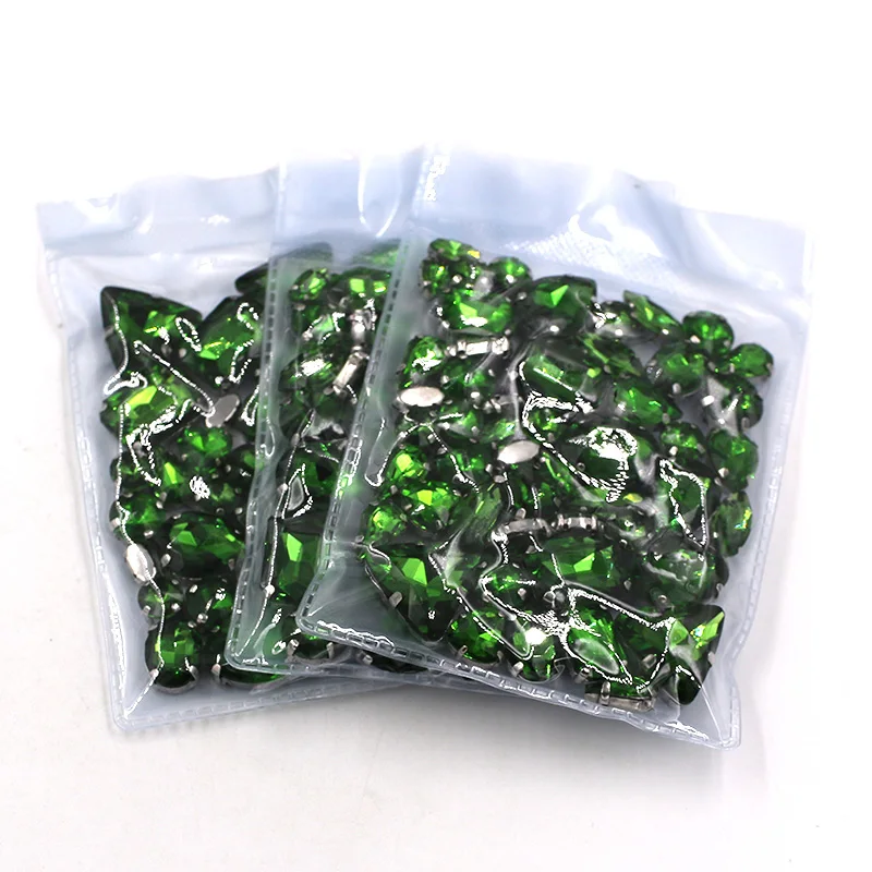 Hot selling 50pcs/bag high quality mixed shape Dark green glass crystal sew on rhinestones with claw diy clothing accessories