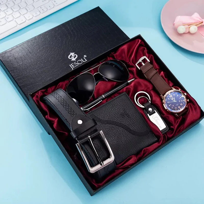 Fashion Men Watch Luxury Gifts Set Sunglasses Top Quality Belt Wrist Watch Wallet Key Ring pen For Men Valentine\'s Christmas