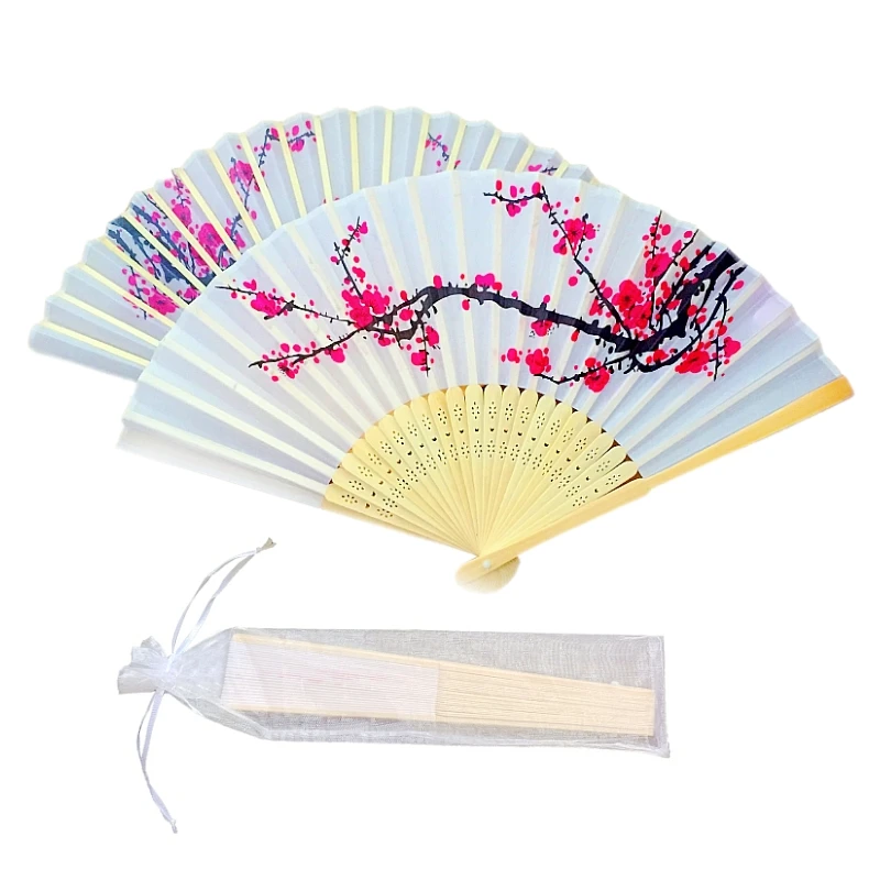 

Wholesale 50pcs/lot Plum flower design Elegant Folding Silk Hand Fan with Organza Gift bag Wedding Favor gift