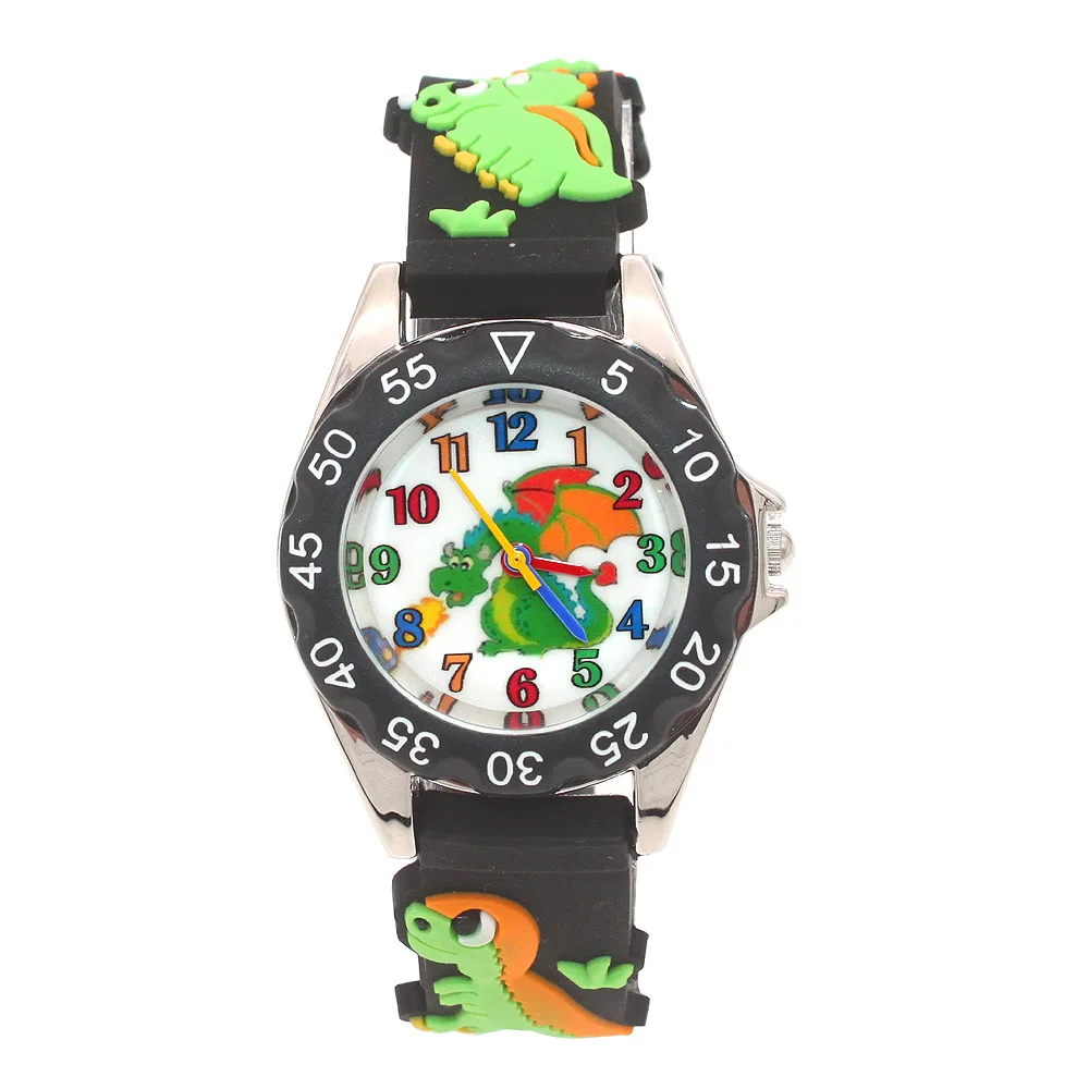 새로운 도착 고품질 고무 공룡 3D 만화 소년 소녀 학생 선물 어린이 키즈 시계
