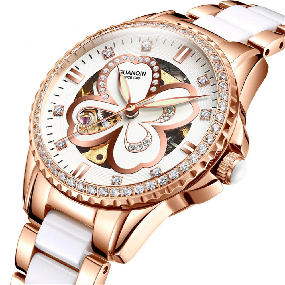 Guanqin 2020 Horloge Vrouwen Automatische Rhinestone Dress Top Brand Luxe Keramiek Rose Mechanisch Horloge Waterdicht Bayan Kol Saati