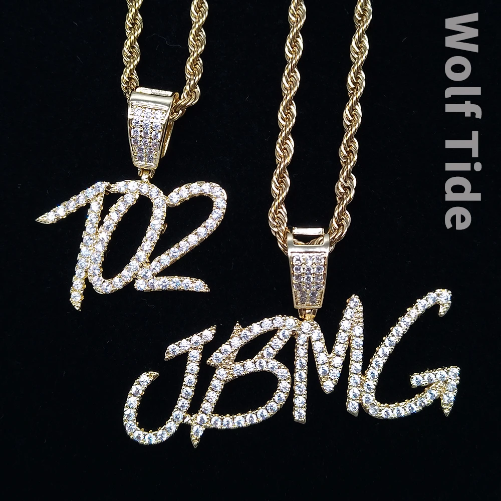 Gold Custom Name Necklace Hip Hop Bling Cubic Zirconia Initial Letters Number Pendant Personalized Jewelry Gifts for Men Women