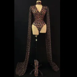 Sexy Leopard Printed Bodysuit V-neck Spandex Shawl Gloves Party Stage Wear Women Dancer Singer Show Performance Dance Costume