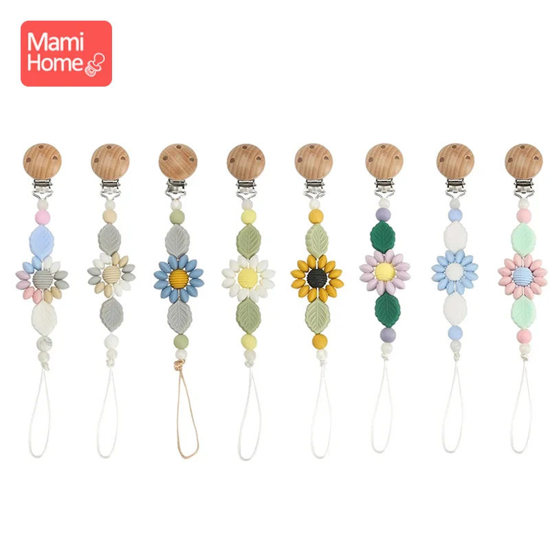 Baby Pacifier Clip Chain Silicone Beads  Sunflower Nipple Chain Wooden Dummy Nipples Holder Clip Teething DIY Gift Toy for Baby