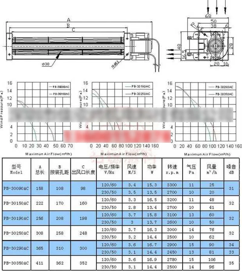 220V extended 30350 30420 large air volume silent 30 series cross flow drum fan air Blower