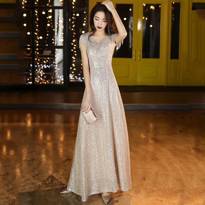 It\'s YiiYa Evening Dress V-Neck Short Sleeve Sequined A-Line Evening Dress 2020 Floor-Length Plus Size Robe De Soiree K154