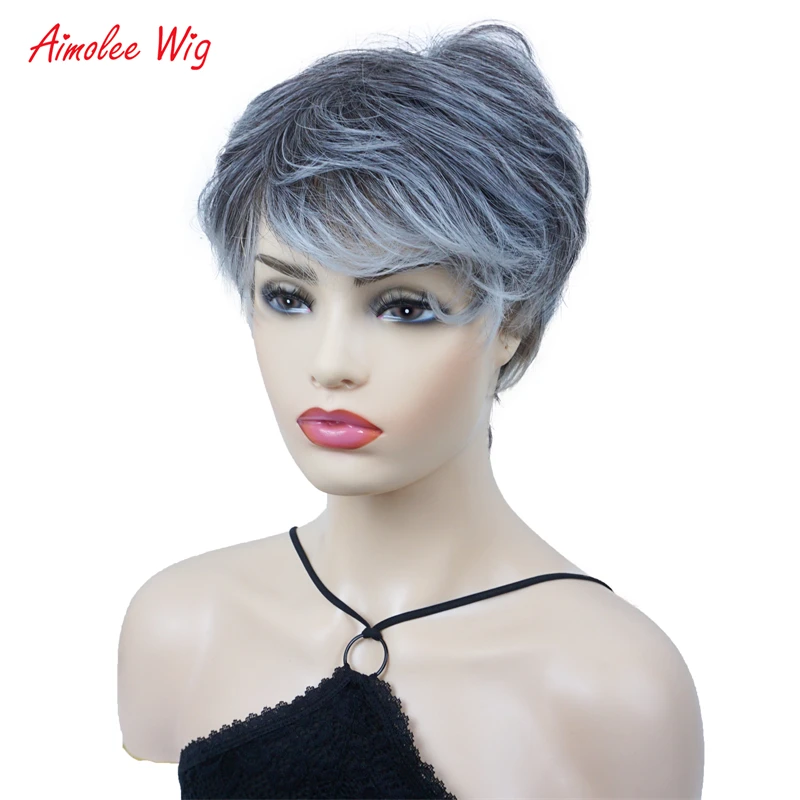 Aimolee Black Gray Mixed Short Straight Pixie Cut Natural Fashion Hair Wig for Women