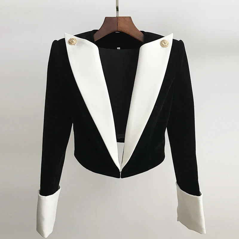 HIGH QUALITY 2024 New Fashion Designer Blazer Women\'s Big Collar Color Block Velvet Blazer Short Jacket