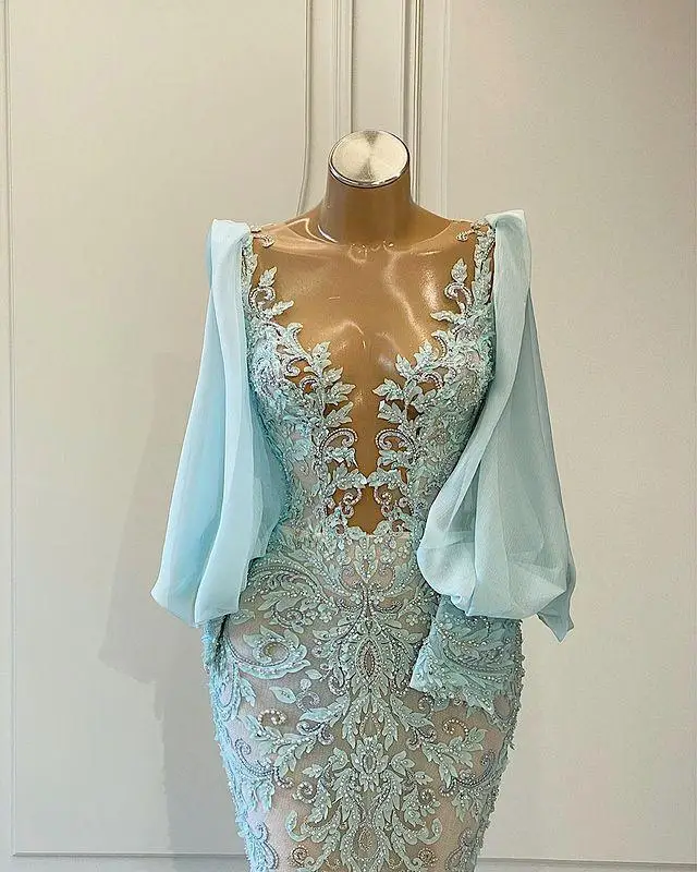 Robe de Bal Sirène Bleu Ciel Clair pour Femme, Col Transparent, Dentelle, Appliques Perlées, Manches sulf, Grande Taille, Soirée Formelle, Quelle que soit, 2024