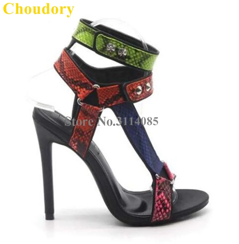 Choudory – sandales à talons hauts en peau de serpent, chaussures à talons aiguilles, Triangle, boucle en métal, cloutées, sangle en T, talons hauts