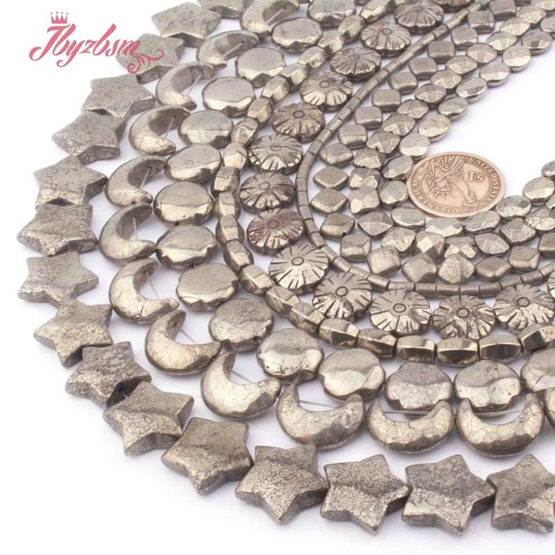 Stars Moon Flower Silvers Gray Pyrite Natural Stone Spacer Beads for DIY Charm Accessories Necklace Bracelet Jewelry Making 15\