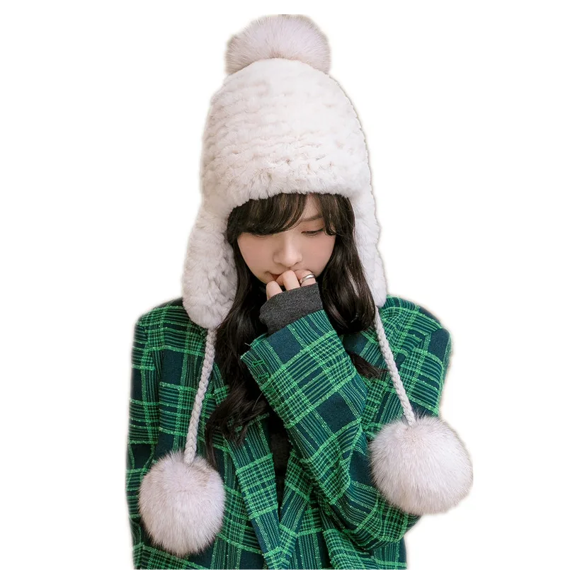 Real Rex Rabbit Fur Hat with Earflap White Winter Warm Caps with Genuine Fox Fur Pompom