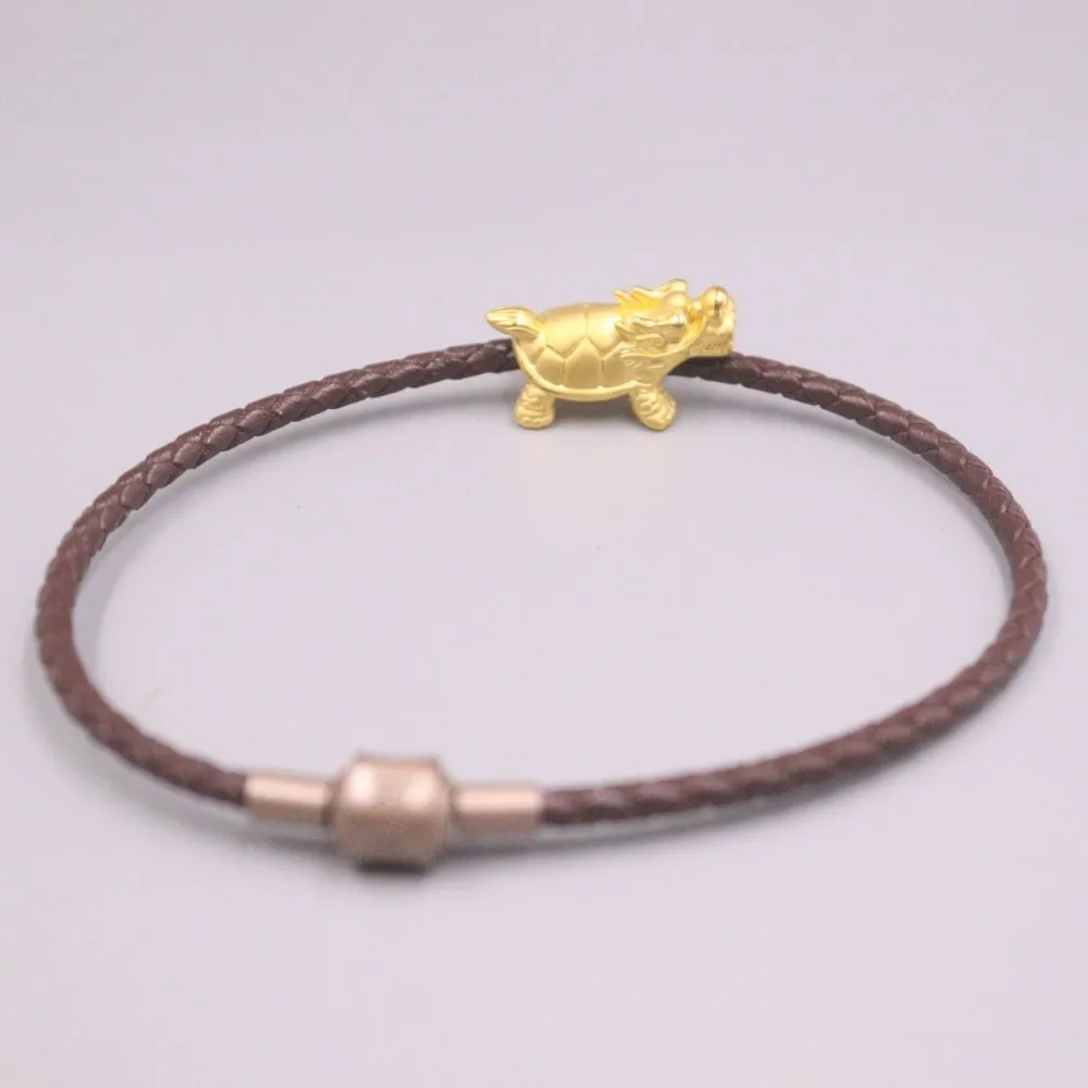 Genuine 24K Yellow Gold Lovely Dragon-Turtle with Brown Leather Bracelet Length from 5