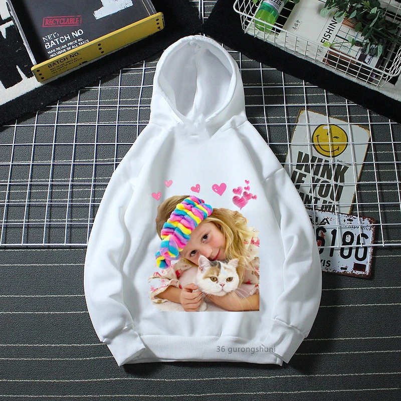 

Kawaii Like Nastya Love Cat Print Cap Hoody Girls Harajuku Hip Hop Sweatshirt Winter/Spring Plus Velvet Children'S Clothing