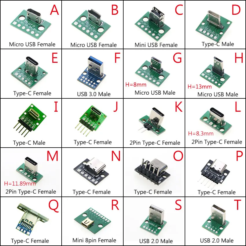 1 SZTUK Kabel do ładowania danych Jack Test Board z złączem pinowym 90 stopni Micro Mini USB typu C 2Pin USB 3.0 2.0 żeńskie złącze męskie