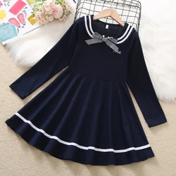 Baby Girl Spring & Autumn Dresses Kids School Dress for Children Bow Long Sleeve Vestidos Preppy Style Kids Clothes 3-14 Years