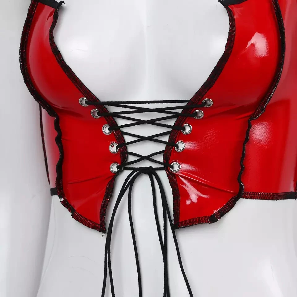 Y-Sexi-Camisole en cuir verni brillant pour femme, licou en latex Wetlook, exposition de poitrine porno, Deep U, brillant, sexy, 7.0