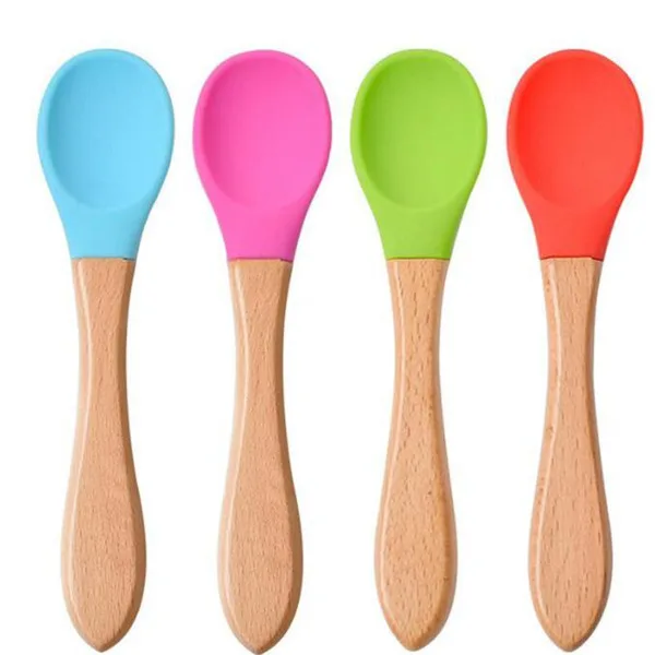 

Baby Feeding Spoon Wooden Handle Silicone Spoon Baby Food Spoons Anti-Scald And Fall Resistance Training Spoons