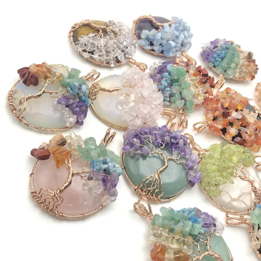 Natural Stone Fashion 7 Chakra Tree of Life Reiki Pendant Necklace Hand Made Rose Gold Wire Wrap Healing Quartz Crystal Pendants