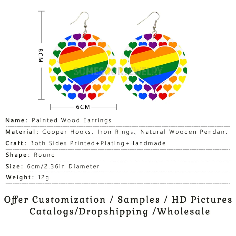 SOMESOOR Love My Awesome Husband Wife Valentine Wooden Drop Eariings Jetaime Heart Printed Round Pendant Dangle For Women Gifts
