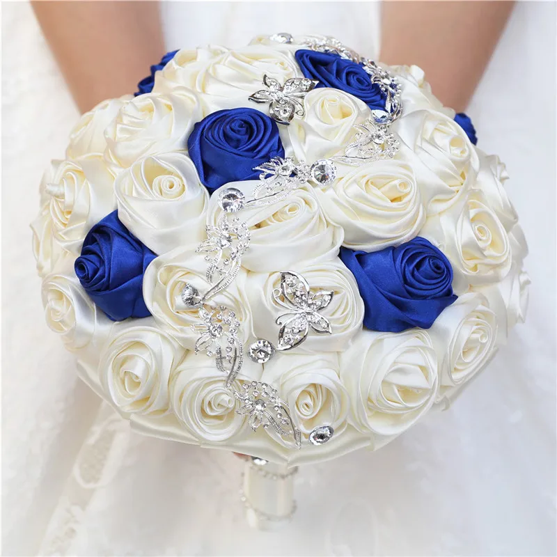 

Handmade Large Size Blue Ivory Bridal Bridesmaid Wedding Butterfly Silver Diamond Bouquet Bridal Holding Fowers Buque Noiva W363