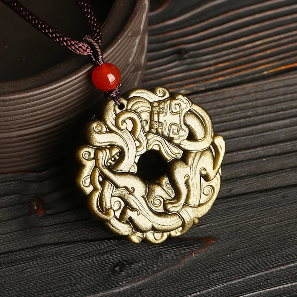 Donut Dragon Golden Obsidian Necklace Pendant Round Dragon Jewelry Pendant Men's Jewelry Talisman Charm Jewelry