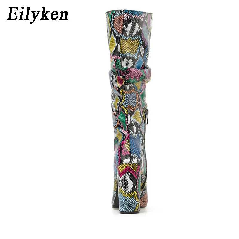 Eilyken Colorful Snake Skin Boots Women High Heels Thick Mid-calf Boot Distressed Pointed Toe Zip Pleated Slouch Shoes