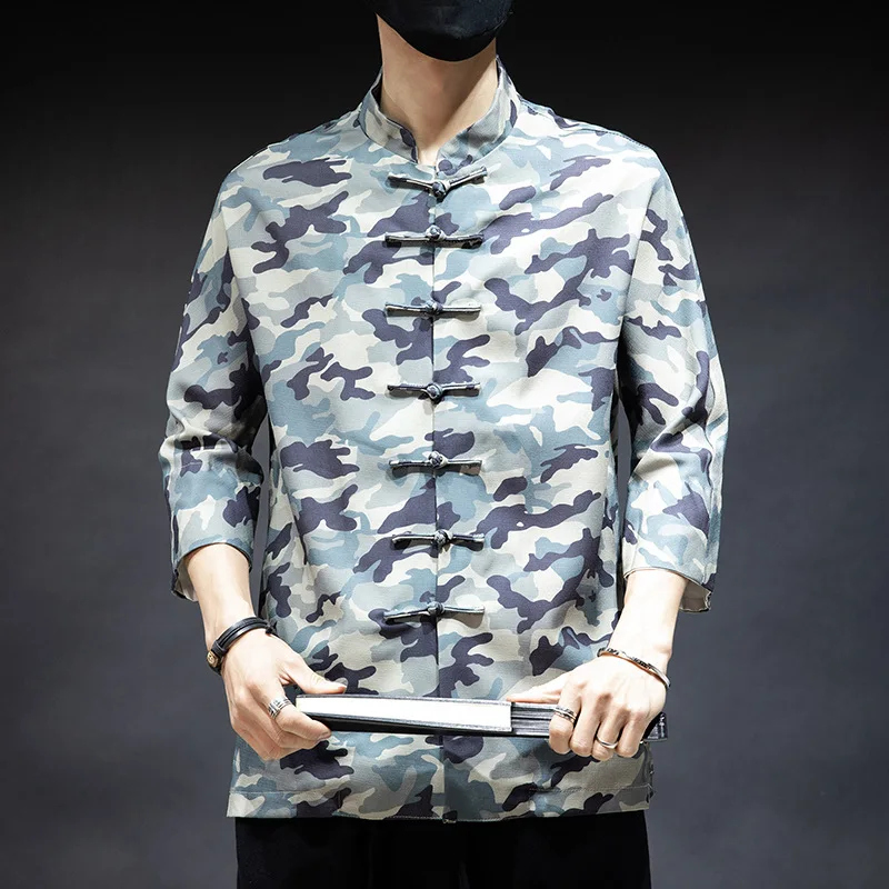 Plus Size Short Sleeve Casual Camouflage Tang Shirts Kung Fu Tai Chi Master Costume Tops Tradictional Chinese Clothing CN-141