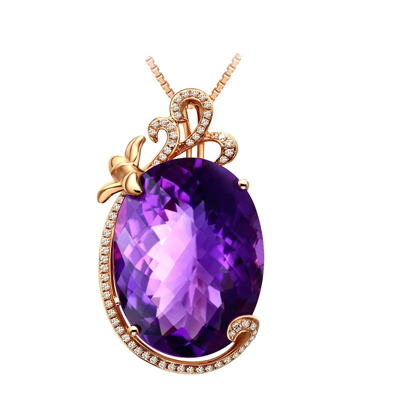 14K Rose Gold 45 Cm Necklace Jewelry Real Amethyst Pendant Bizuteria Female Amethyst Pendant Gemstone Chalcedony Jewelry Girls